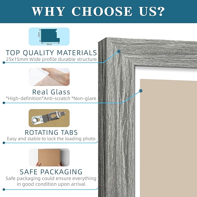 6x9 Picture Frame Set of 2, Made of Real Glass and Rustic Grey Wooden Frame - 6 by 9 Photo for Wall or Tabletop Display
