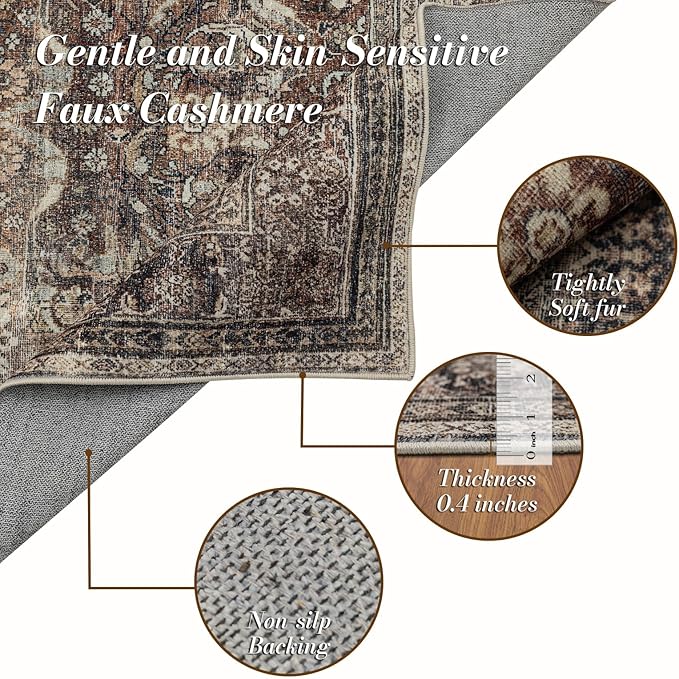 Area Rug 8×10, Large Vintage Boho Rug,Ultra-Soft Low Pile, Washable, Non Slip,Stain Resistant, Printed Carpet for Living Room Bedrooms Playroom Office Kitchen, Oat/Antiquity