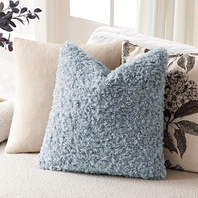 Foindtower 2 Pieces 26x26 Inch Misty Blue,Faux Fur Throw Pillow Cover Accent Sherpa Furry Pillow Covers Fuzzy Soft Pillowcases Cozy Sheepskin Decorative Fleece Cushion Case for Bed Couch Living Room