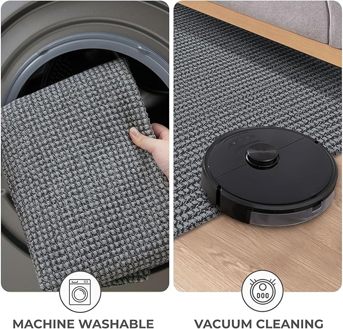 KOZYFLY Long Runners for Hallways 3x12 ft Washable Kitchen Runner Non Slip Rubber Backed Hallway Rugs Cotton Entryway Runner Rug Floor Carpet for Indoor Hall, Backdoor, Kitchen, Grey/Dark Grey