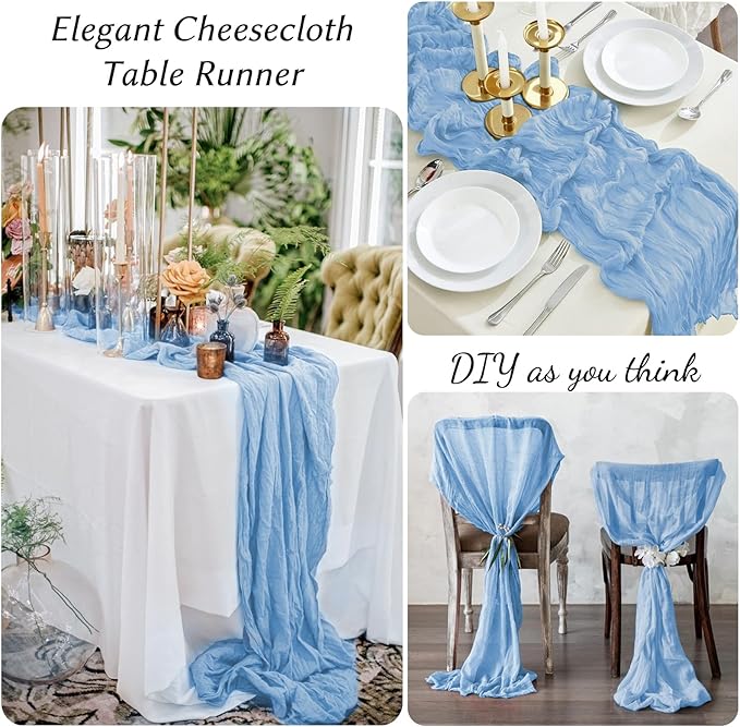 10 Pack Baby Blue Cheesecloth Table Runner,10FT/120 Inch Boho Gauze Fabric Table Runner,Rustic Sheer Light Blue Cheese Cloth Runner Bulk for Wedding,Bridal Baby Shower,Birthday Party,Table Decor
