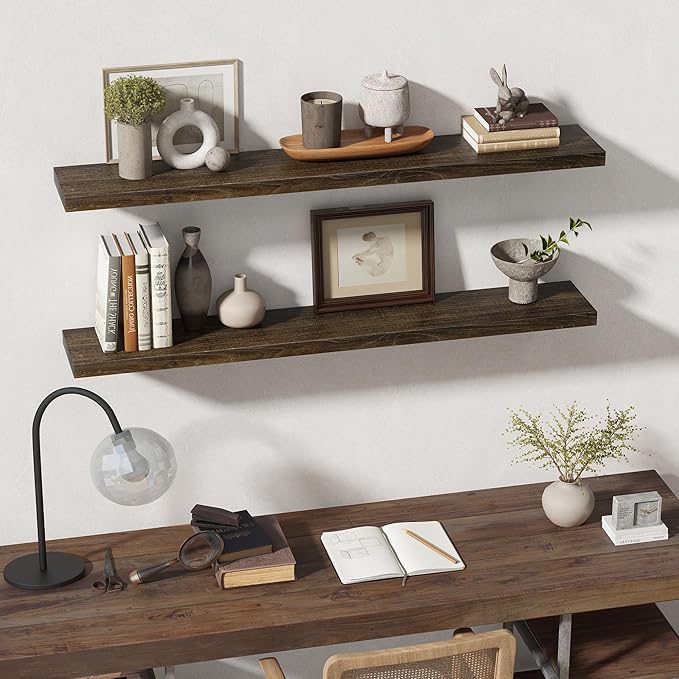 55 Inch Floating Shelves for Wall, Solid Elm Wood Wall Shelf for Home Decor, 8 Inch Deep Floating Shelf for Storage, 55 x 8 Wooden Shelves for Bathroom Living Room Kitchen, Walnut Color, Set of 1