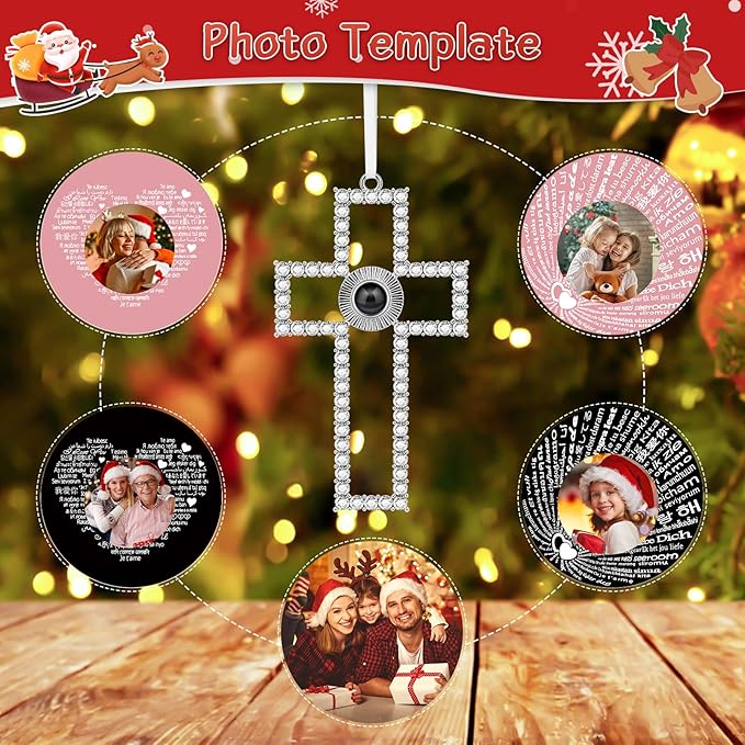 SUPHELPU Custom Cross Ornament with Picture Inside, Photo Ornaments for Christmas Tree, Personalized Christmas Projection Ornament, Customized Memorial Pendant for Xmas Family