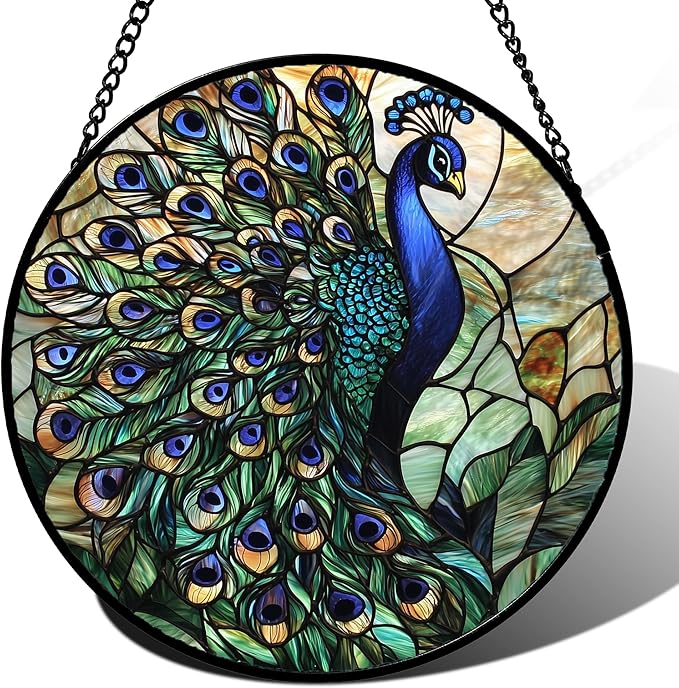 Stained Glass Window Hanging, Blue Green Peacock Decor Suncatcher for Door Garden Home Decoration Bird Sun Catchers Christmas Mother's Day Birthday Gifts for Women Men Mom Nana Friend 7.8 in