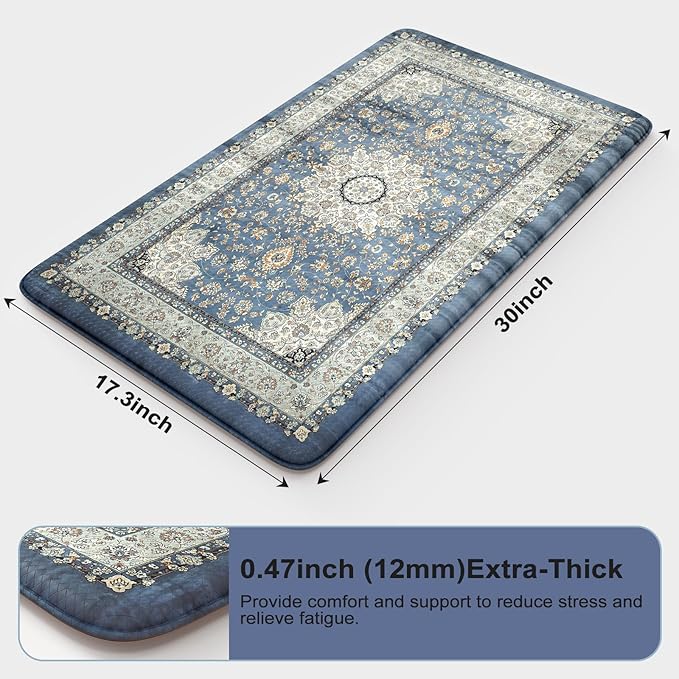 Collive Boho Blue Kitchen Mats Cushioned Anti Fatigue Mats, Non-Slip Kitchen Floor Mats, Kitchen Rugs for Sink, Laundry,Office, 17”x30” Waterproof Standing Desk Mat