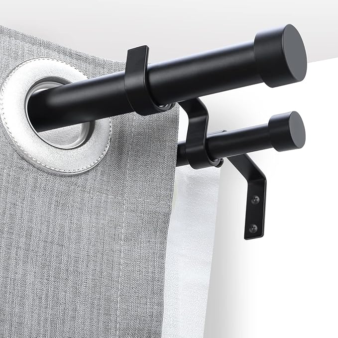 OLV Black Double Curtain Rods for Windows 72 to 144 Inch(6 to 12 Feet),1 Inch Adjustable Dual Curtain Rod, Heavy Duty Double Drapery Pole with End Cap Design for Living Room, Bedroom, Farmhouse