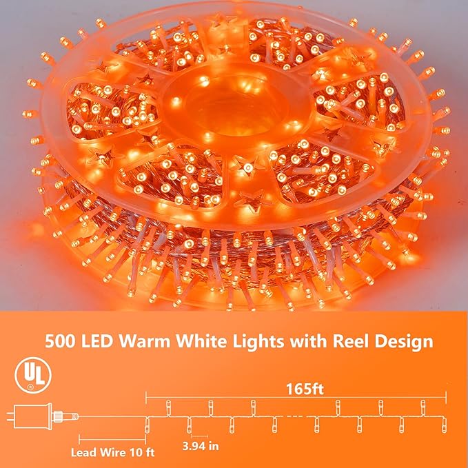 YEGUO 165ft 500 LED Thanksgiving Lights Outdoor Waterproof, Orange String Lights Indoor Plug in, 8 Modes Clear Wire Orange Lights for Halloween