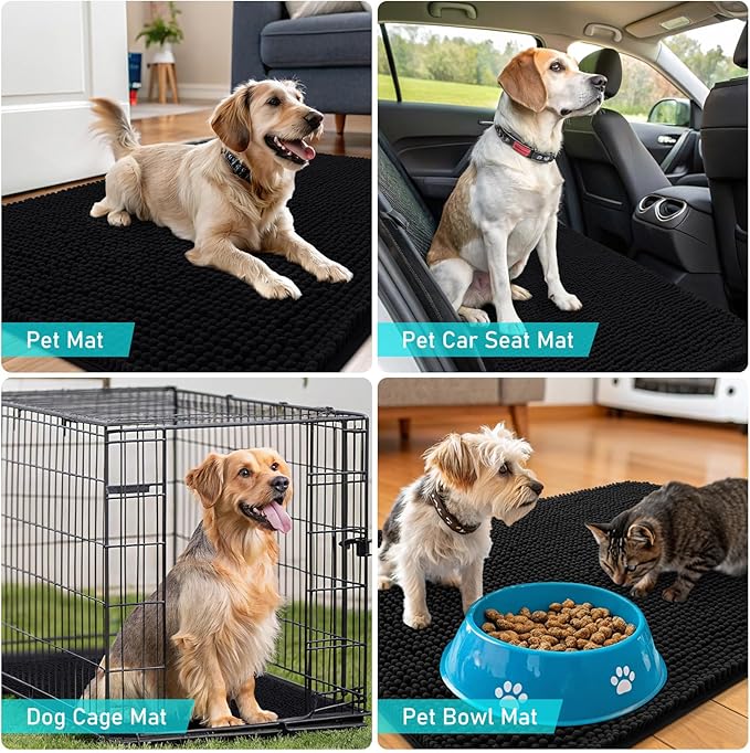 OLANLY Dog Door Mat for Muddy Paws 54x32, Absorbs Moisture and Dirt, Absorbent Non-Slip Washable Doormat, Quick Dry Chenille Mud Mat for Dogs, Entry Indoor Entryway Carpet for Inside Floor, Black