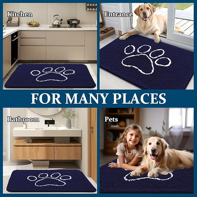 OLANLY Dog Door Mat for Muddy Paws 30x20, Paw Print Design, Absorbs Moisture and Dirt, Absorbent Non-Slip Washable Doormat, Quick Dry Chenille Mud Mat for Dogs, Entry Indoor Entryway Carpet, Navy Blue