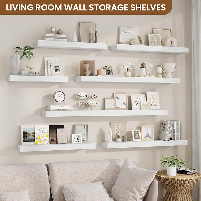 fuqing Floating Shelves for Wall, Wall Mounted Wood Floating Shelf with Invisible Brackets for Living Room, Bathroom, Bedroom, Kitchen Storage and Decor, 55 Inch Set of 2, White