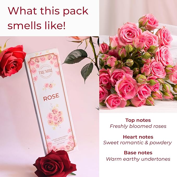 Rose Incense Sticks - Pack of 100 Insence-Sticks - Inciensos Aromaticos Made with Natural Rose Essential Oil - Scented Inscents Non Toxic Insense