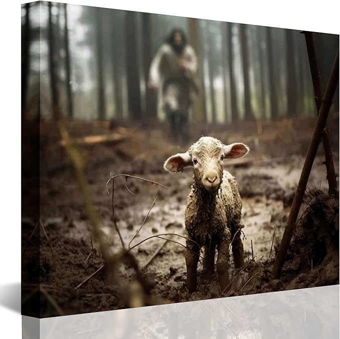Jesus and Lamb Canvas Wall Art Jesus Running After Lost Lamb Picture Wall Art Canvas Print Christian Home Decor 20x16 inch