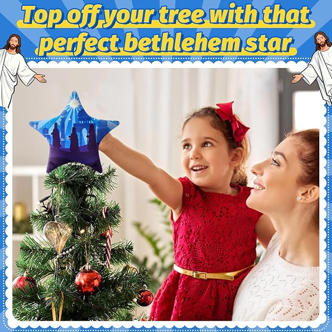 Eyourlife Nativity Scene Christmas Tree Topper, 8in Winter Velvet Pentagram Tree Topper Xmas Tree Star Shaped Decor for Family Churches Sunday School Christmas Tree Holiday Party Supplies Gifts