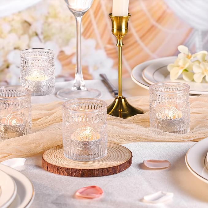 12 Pcs Clear Votive Candle Holders, Glass Tealight Candle Holders Embossed Candle Holder for Wedding Table Centerpiece, Home Decor, Birdal Shower, Party