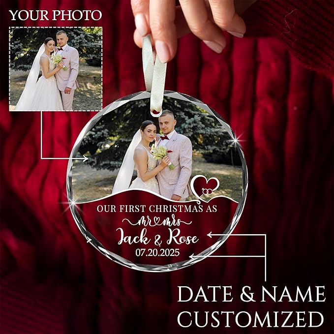 First Christmas Married Ornament 2025 – Custom Mr and Mrs Photo Ornament – Personalized Wedding Gift with Picture Name Date – Couple Glass Keepsake