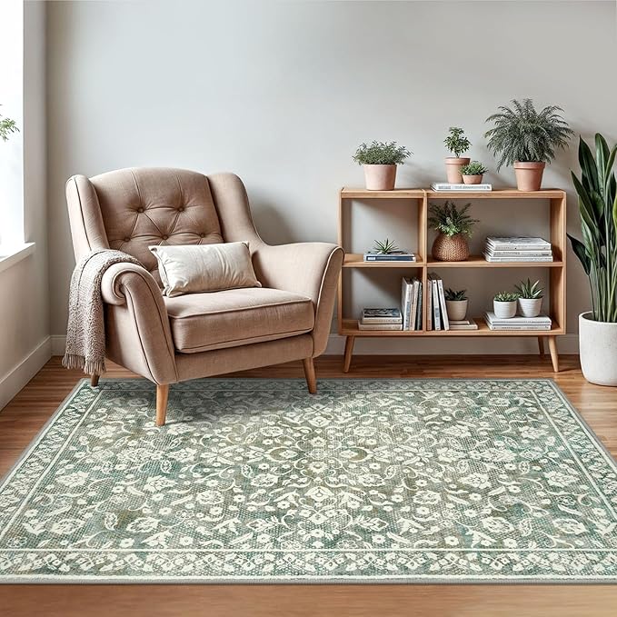 Vintage 3x5 Washable Rug for Entryway, Super Soft Sage Green Beige Entryway Rug Non-Slip, Printed Faux Wool Floral 3x5 Area Rug Thin Floor Carpet for Kitchen, Bedroom, Office, Living Room