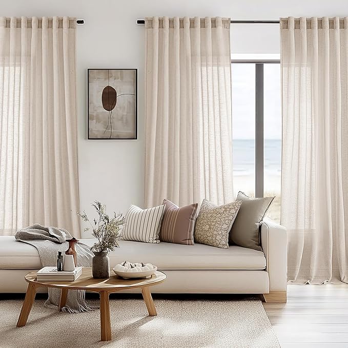 Beige Light Filtering Linen Curtains 54 Inch Length 2 Panel Set Back Tab Pocket Soft Semi Sheer Enhanced Privacy Short Window Drapes for Kitchen Cafe Farmhouse Elegant Home Decor