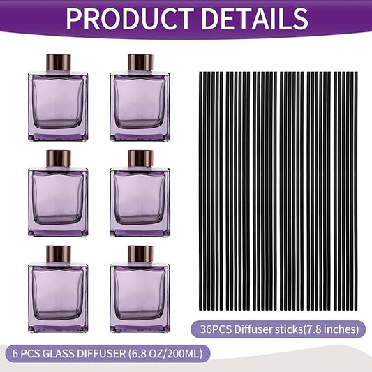 6 Pack Perfume Reed Diffuser Bottle,Empty Square Essential Oil Bottles Glass Jar with Black Sticks for DIY Fragrance Replacement Diffuser Sets (200ml/6.8 oz, Purple Color)