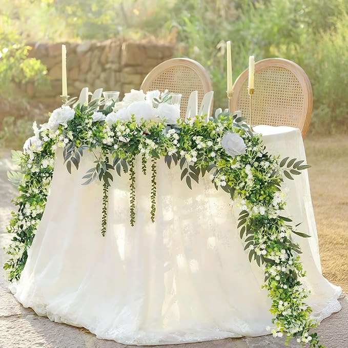 6FT Eucalyptus Garland with Flowers, 8 Pack Artificial Greenery Garland Hanging Faux Eucalyptus Garland Suitable for Table Wedding Backdrop Arch Wall Party UV Protected Indoor Outdoor Decor