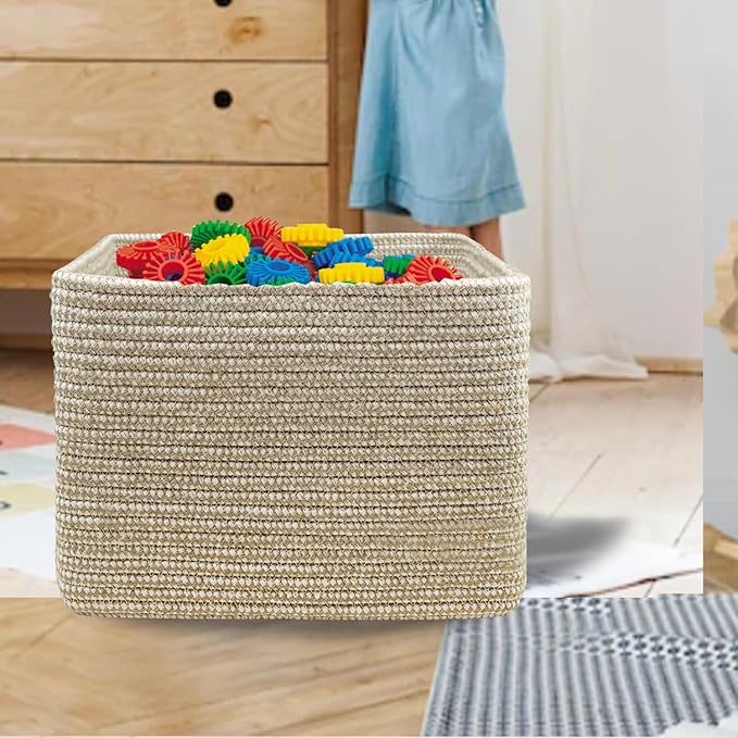 COMFY-HOMI Square Woven Cotton Rope Basket for Organizing, Gift Baskets for Handles, Empty Gift Baskets, Toy Basket for bins|13.5" x 11" x 9.5" home decor for Living Room, Bathroom