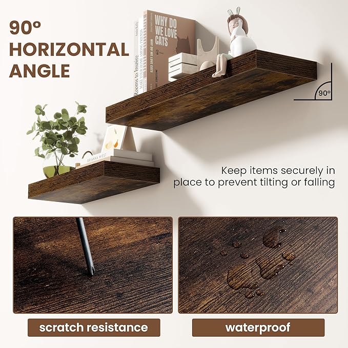 72 Inch Floating Shelves for Wall 1 Pack, 72" Wall Shelves for Books, Storage, Decor, Wall Mounted Floating Shelf with Invisible Brackets for Kitchen, Living Room, Brown