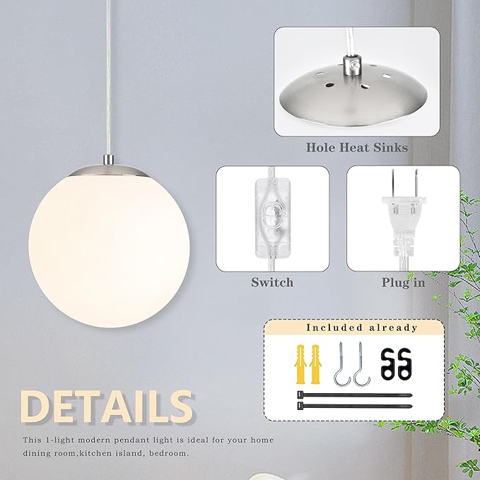 KoKo&Yukina 10" Globe Pendant Light Nickel Plug in Pendant Light Adjustable Hanging Lights with Plug in Cord Nickel Finished with Milk Glass Lampshade for Bedroom Kitchen Island（Bulb Included）