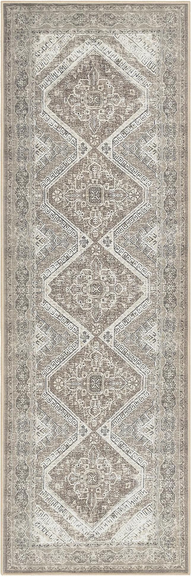 KUTA Extra Long Runner Rug for Hallway 2.6x18ft, Oriental Washable Kitchen Rugs, Ivory Grey Yellow Brown Non-Slip Stair Runners Indoor Soft Printed Vintage Carpet for Bedroom Living Room Nursery