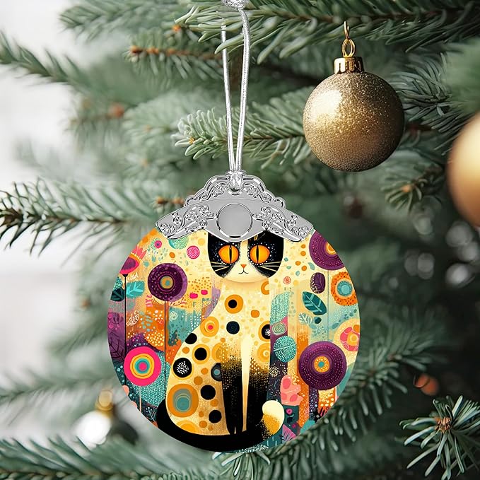 Glass Christmas Ornament, Cat Garden Art, Colorful Floral Design, Round Suncatcher with Silver Crown, 3.5 Inch, Holiday Tree and Window Light Catcher