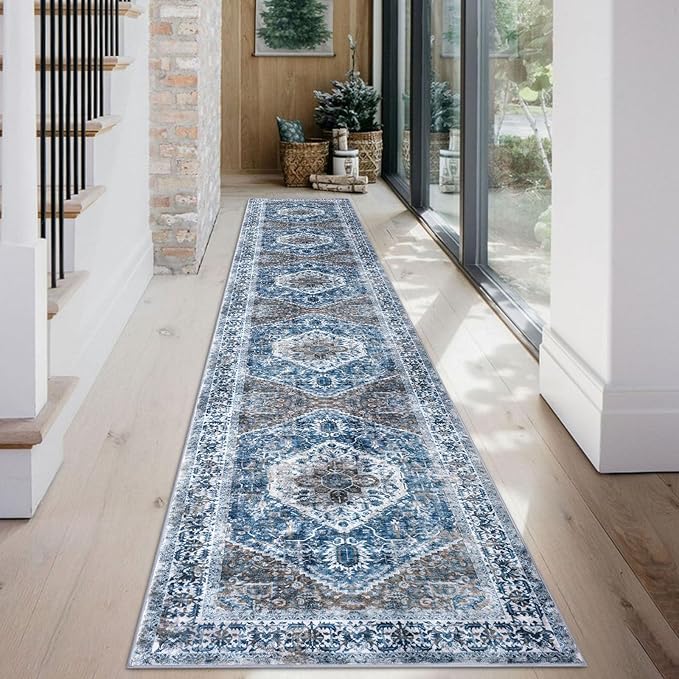 KOZYFLY Runners for Hallways 2x12 Ft Extra Long Washable Kitchen Runner Rug Boho Runner Rug for Entryway Indoor Blue Printed Oriental Faux Wool Stair Runner Floor Carpet Runner for Stair Kitchen Hall
