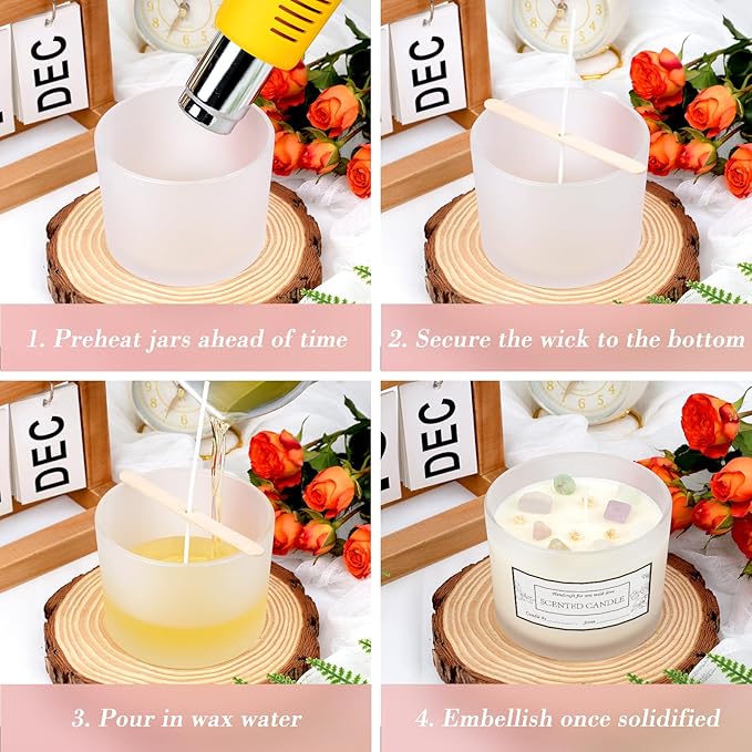 CONNOO 8 Pack 12 OZ Frosted Glass Wide Mouth Candle Jars for Making Candles with Airtight Bamboo Lids Nice Sticky Warning Labels for Candle Making Empty Container Bulk - Dishwasher Safe