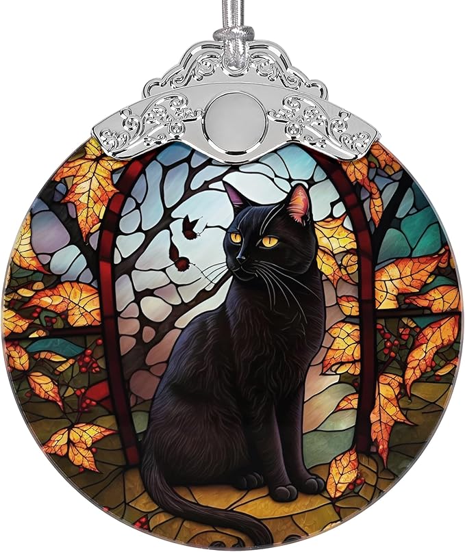 2025 Ornaments for Christmas Tree, Zmoicky Stained Glass Hanging Ornament, Christmas Ornaments Clearance, Gift Exchange Ornament, Bauble Present - Black Cat in The Night