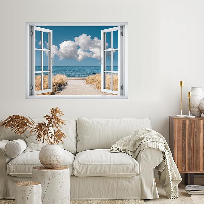 SIGNWIN Removable Wall Sticker/Wall Mural Window Sandy Trail Leading to Blue Ocean and Clouds Photography Realism Decorative Landscape Digital Art for Living Room, Bedroom, Office - 24"x32"