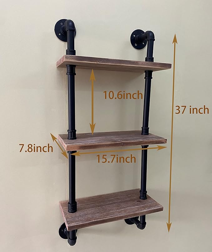 ROGMARS Industrial Pipe Shelving Solid Wood Floating Bathroom Shelves Wall Mounted Ladder Bookshelf for Living Room Wall Decor and Storage 15 inch (3 Tier)