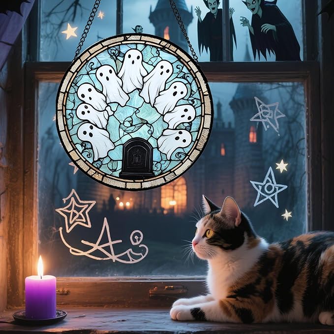 Stained Glass Window Hanging - Halloween Decorations Ghosts Tombstones Suncatcher for Doors Garden Indoor Spooky Funny Sun Catchers Gothic Decor Horror Gifts for Women Men Friend 6.3 in