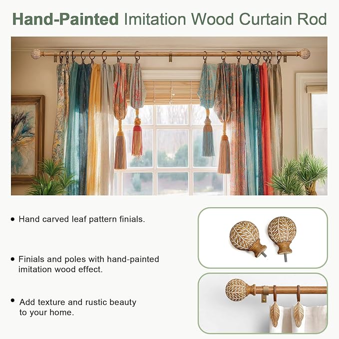 2 Pack Wood Curtain Rods for Windows 28 to 48 Inch,1'' Diameter Drapery Rods with Imitation Wood Grain Leaf Pattern Finials,Boho Adjustable Heavy Duty Curtain Rods Set,18-60'',Color:Natural Wood