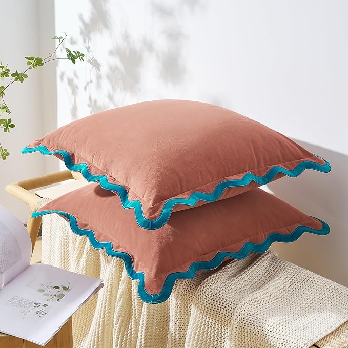MONDAY MOOSE Decorative Throw Pillow Covers Cushion Cases, Set of 2 Soft Velvet Scalloped Wavy Edge Designs, Mix and Match for Home Decor, Pillow Inserts Not Included (20x20 inch, Teal/Pink)