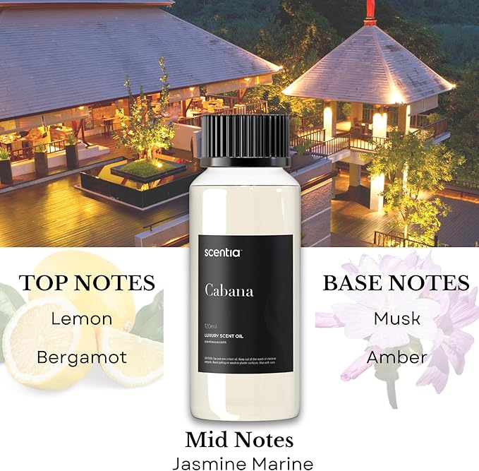 Scentia Hotel Diffuser Oil Inspired by 5-Star Hotel Scent - 120 mL 4.06 fl oz - Essential Oil Blend Botanical Jasmine, Bergamot & Fresh Notes for Aromatherapy Diffusers - Cabana, Christmas Gift