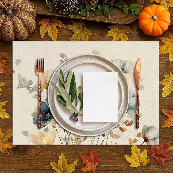 Double Side Set of 4 Watercolor Floral Fall Placemats Seasonal Autumn Harvest Table Mats for Indoor Outdoor Home Party Dining Decor Farmhouse Burlap Table Mats 12x18 Inch #WP022