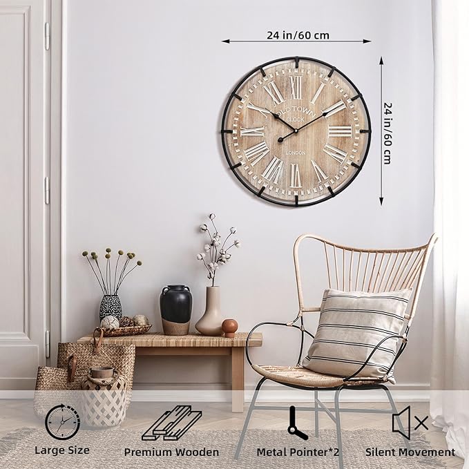 MODE HOME Large Farmhouse Wall Clock, 24 Inch Rustic Wooden Wall Clock Decorative with Metal Circle and Engraved Numerals, Silent Battery Operated for Kitchen Bedroom Living Room Fireplace Mantel
