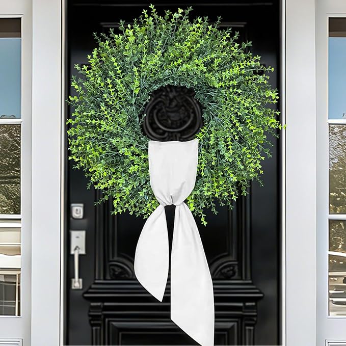 28In Large Boxwoods Door Wreaths for Front Door Spring Summer Outside All Season Green Year Round Artificial Greenery Wreath for Wall Window Rustic Farmhouse Home Outdoor Indoor Decorations