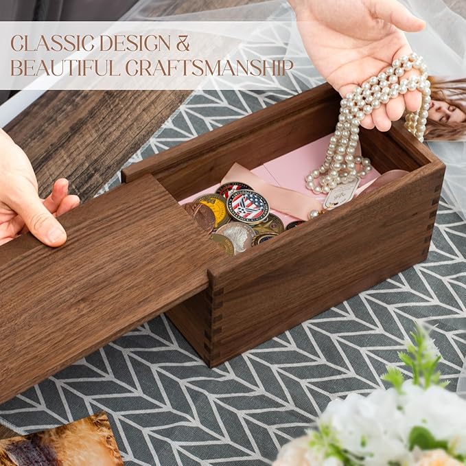 Wood Box with Slide Lid, Walnut Wooden Storage Box, 9.65'' x 5.71'' x 4.8'' Wooden Decorative Box for Keepsakes Valuables Accessories