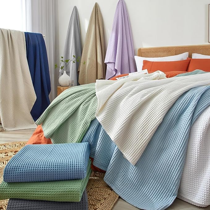 PHF Pre-Washed Cotton Waffle Weave Blanket Throw Size for Couch Bed,Snag Proof Spring Summer Lightweight Breathable,Oeko-TEX Certified,Machine Washable, Home Decor Gift，Cappuccino