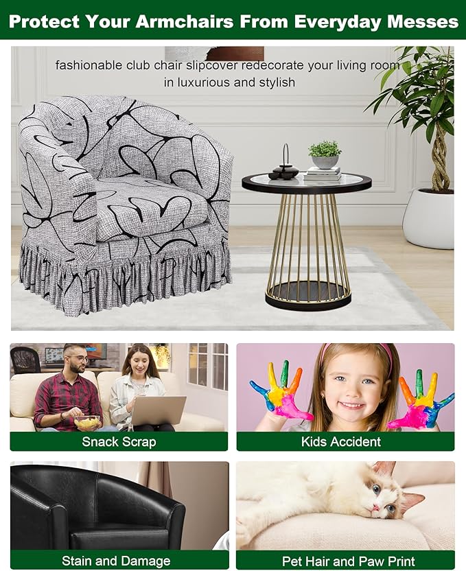 CRFATOP 2 Piece Club Chair Slipcover with Skirt Printed Tub Armchair Covers with Seat Cushion Cover Soft Printed Round Barrel Furniture Protector for Bar Counter Living Room,C12