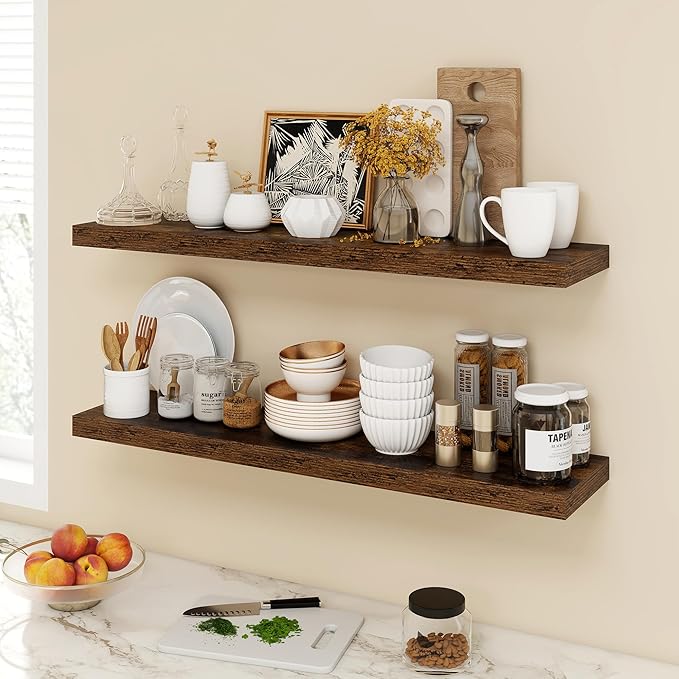 40 Inch Floating Shelves, 9.3" Deep Floating Shelf Wall Mounted, 40" Wall Shelves, Rustic Deep Bookshelf, Large Display Shelves & Storage Shelves for Bedroom, Living Room, Brown, Set of 2