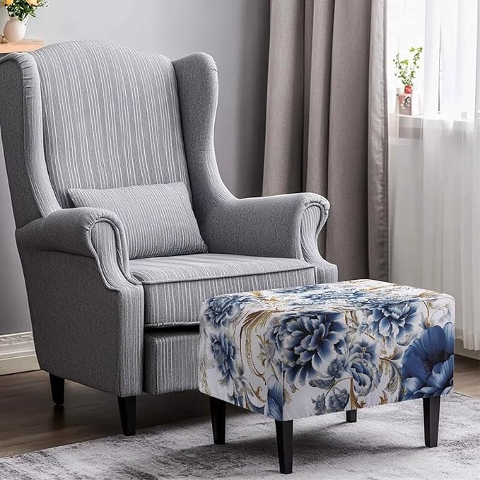 Blue Flower Ottoman Covers Slipcover Rectangle Chair Cover for Living Room Foot Stool Elastic Easy to Install Footstool Protector Dust Cover Rustic Home Decor 30x24x15 Inch