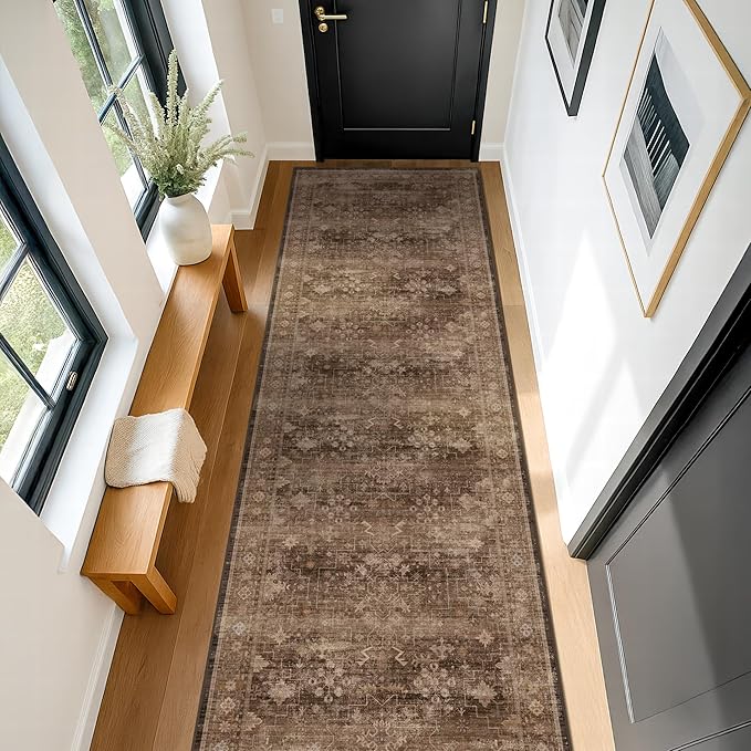 Boho Washable 2x8 Long Rugs for Hallway, Non Skid Front Door Runner Indoor Entrance, Floral Vintage Carpet for Kitchen, Non Slip Low Pile Stain Resistant Soft Mat (Gold Brown)