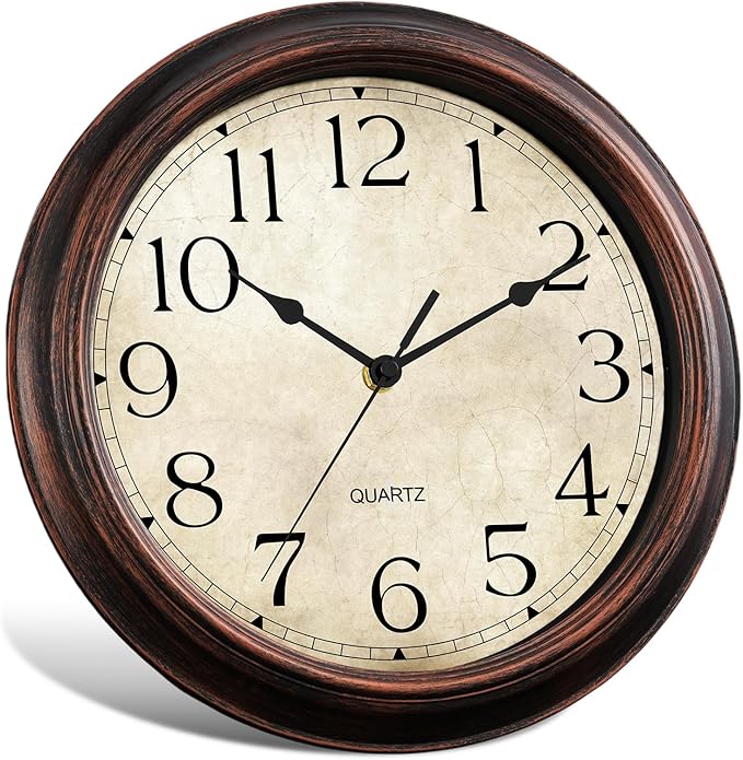 12 Inch Wall Clocks Battery Operated Silent Non-Ticking Analog Wall Clock Vintage Retro Rustic Style Decorative for Living Room Kitchen Home Office(Bronze)