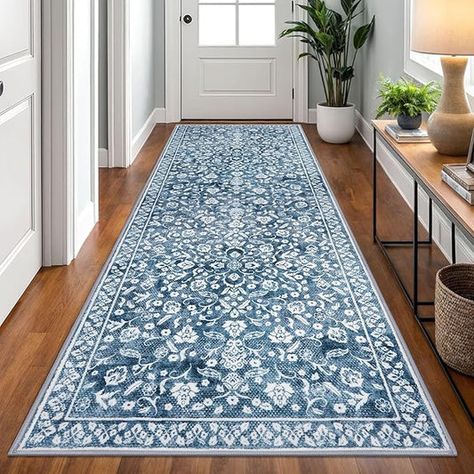 Vintage 3x8 Hallway Rug, Blue and White Washable Hallway Runner Rug Non Slip, Super Soft Kitchen Runner Rug, Print Faux Wool Floral Thin Carpet Runner for Entryway Indoor Bedside Runner