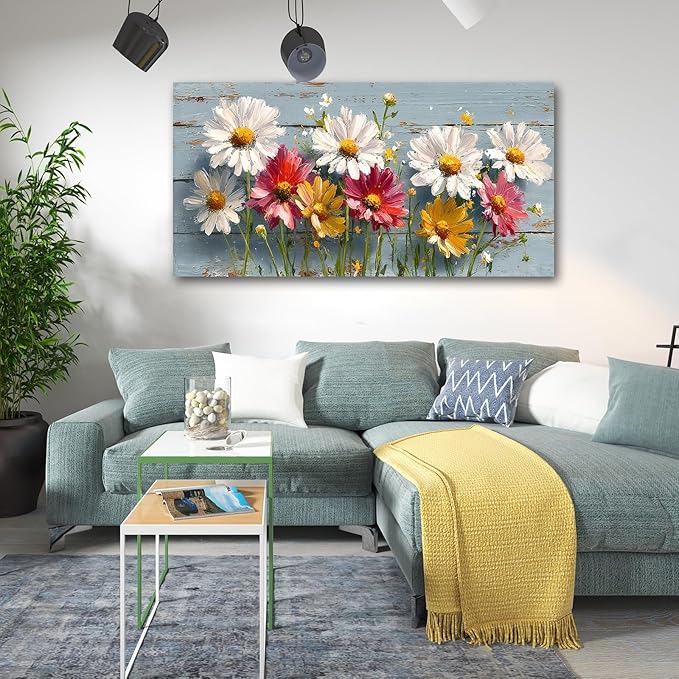 KZKU Rustic Daisy Floral Canvas Wall Art-White Pink Yellow Flowers on Blue Wood Background- Large Modern Farmhouse Decor for Living Room Bedroom24X48in