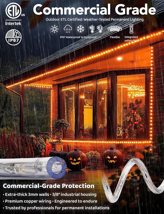 WYZworks 3312LEDs, 300ft LED Outside Rope Lights, Waterproof Permanent Outdoor ETL Certified Connectable Clear Tube, Christmas Palm Tree Holiday Decorative Landscape Patio Accent Lighting - Orange